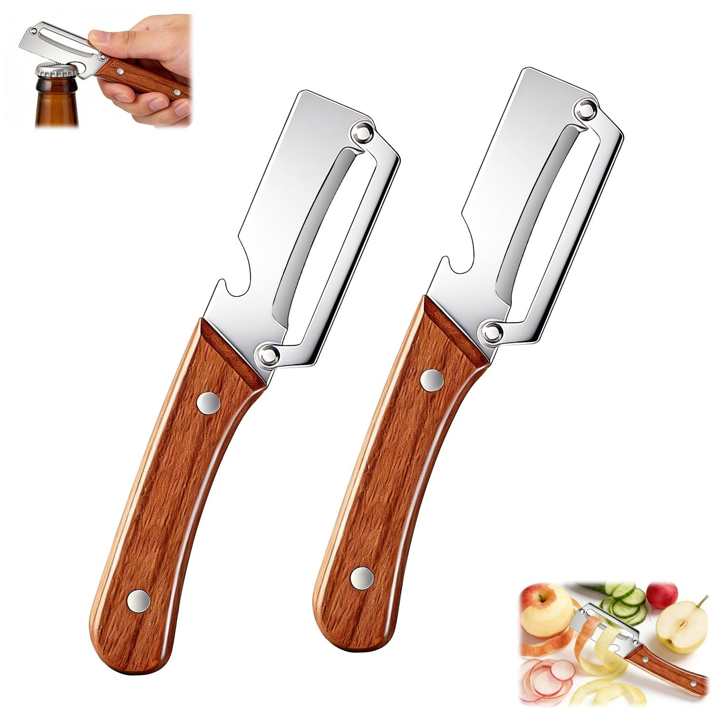 Multi-Functional Vegetable Peeler for Kitchen, With Wooden Handle and Bottle Opener, Comfortable and non-slip handle Stainless Steel Blade Easy to Clean for Fruit Potato Pumpkin Papaya (2 PCS)