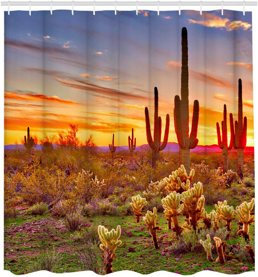 LUKUY Saguaro Shower Curtain, Arizona Desert Landscape with Cactus Mountain Sunset, Cloth Fabric Bathroom Decor Set