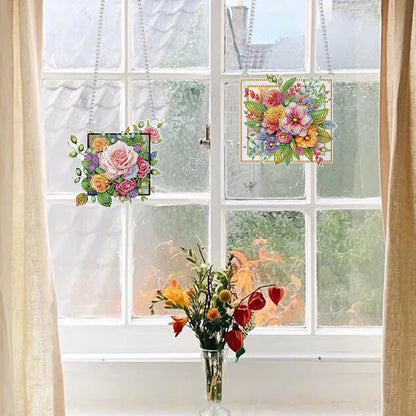 LazyFold 2 Pcs DIY Acrylic Diamond Art Painting Flowers Kits Special Shaped Rhinestone 5D Diamond Art Window Pendants Home Garden Wall Hanging Kits Hanging Ornament