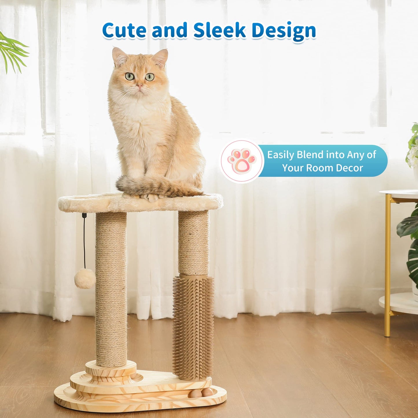Made4Pets Cat Scratching Post, Cat Self Groomer for Indoor Cats, Cloud Soft Perch for Rest, 17.5" Tall Natural Sisal Scratcher Cat Grooming Interactive Ball Track Toys for Small Cats Kittens