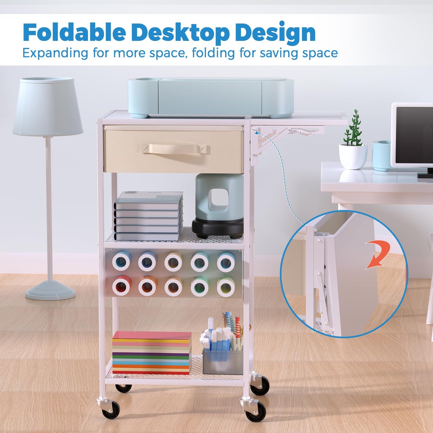 Craft Cart and Organizer Table Compatible with Craft Cutting Machine - Rolling Storage Organizer with Drawer & Vinyl Roll Holder, Crafting Table Workstation Holder for Craft Room Home Office (White)