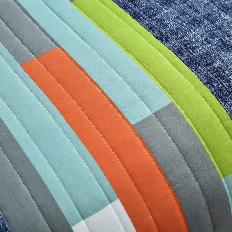 Lush Decor Shelly Stripe Quilt | Modern Geometric Pattern Reversible 3 Piece Bedding Set - Full/Queen - Navy & Orange