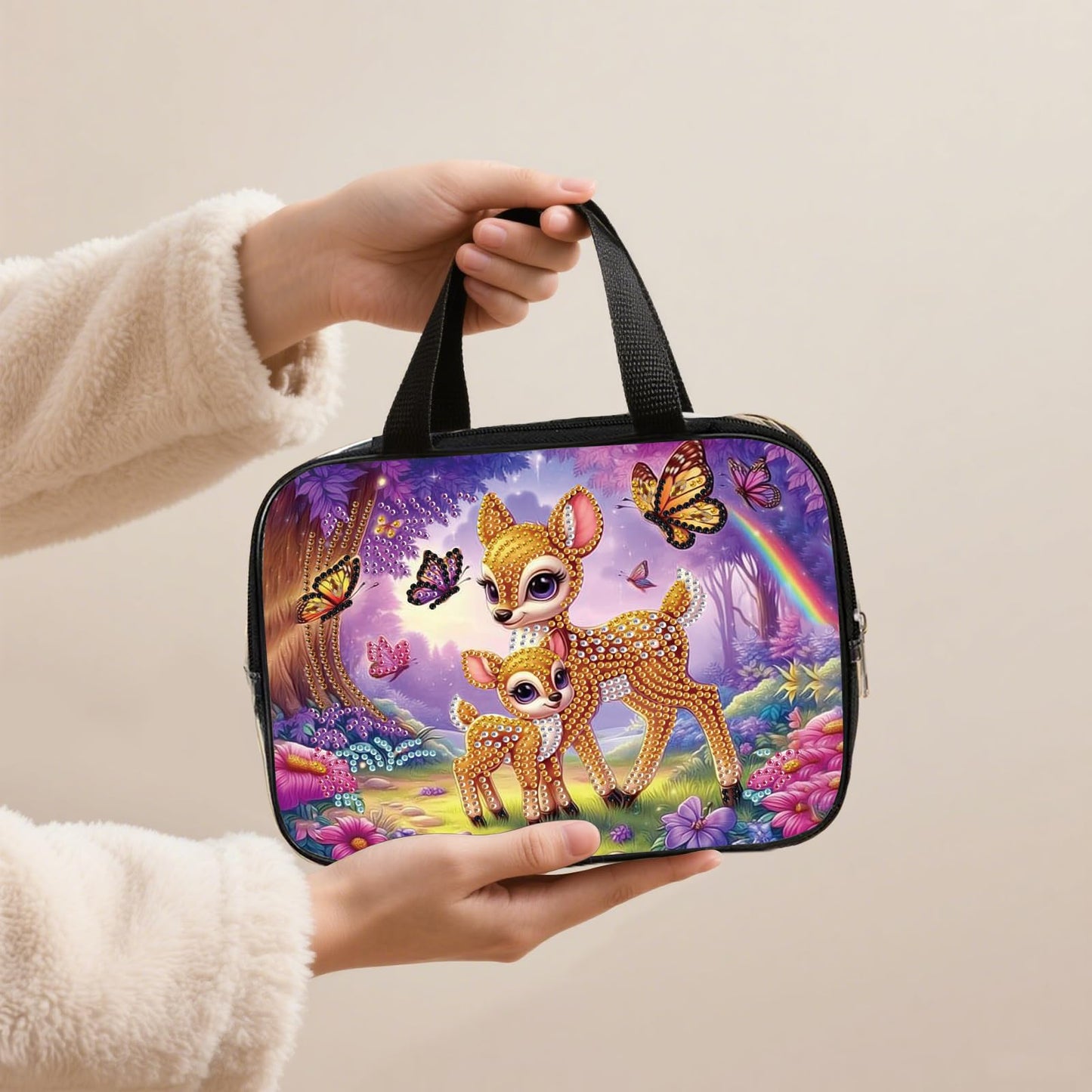 DIY diamond painting makeup bag kit, forest deer pattern sequined makeup storage bag with zipper, portable travel toiletries bag, as a handmade creative gift