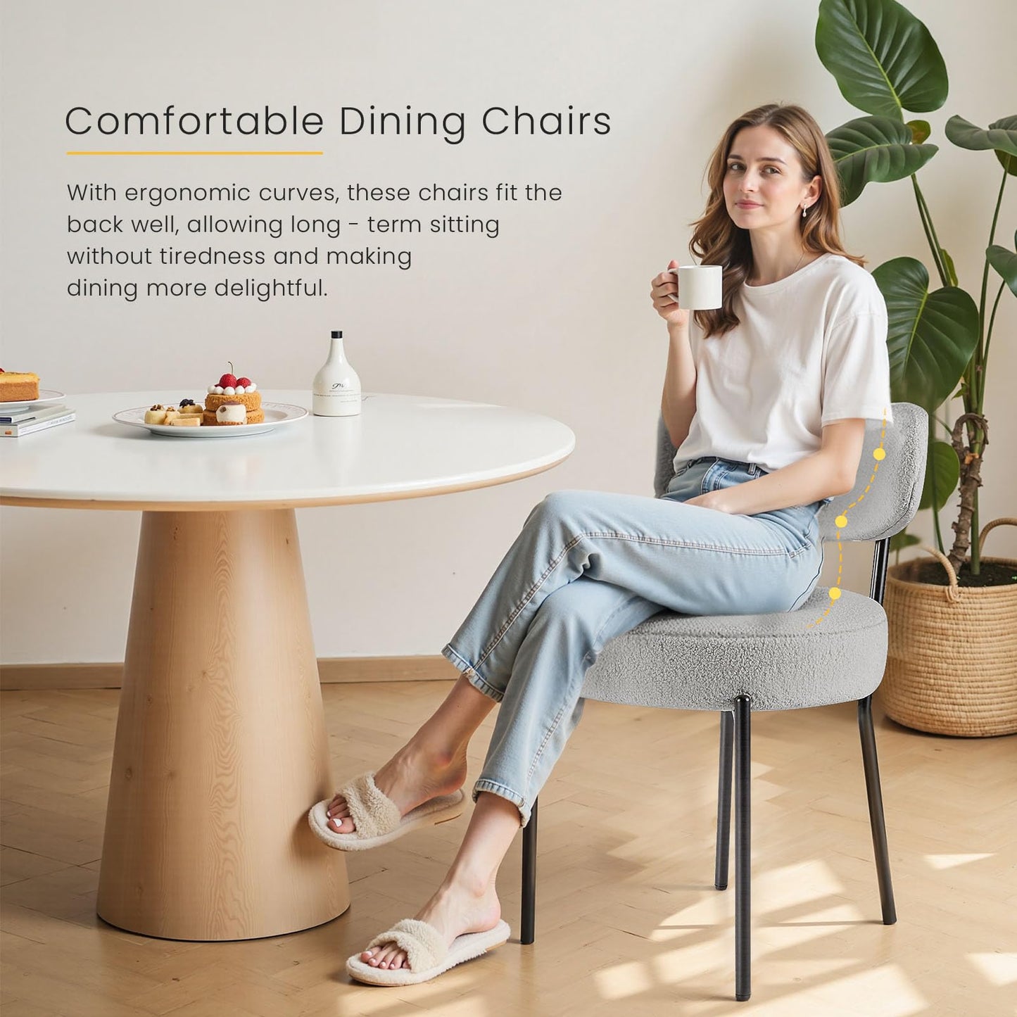 DUMOS Dining Chairs Set of 6, Mid Century Modern Chair Round Upholstered Curved Backrest, Kitchen Vanity Living Room Chairs with Black Metal Legs，Light Grey