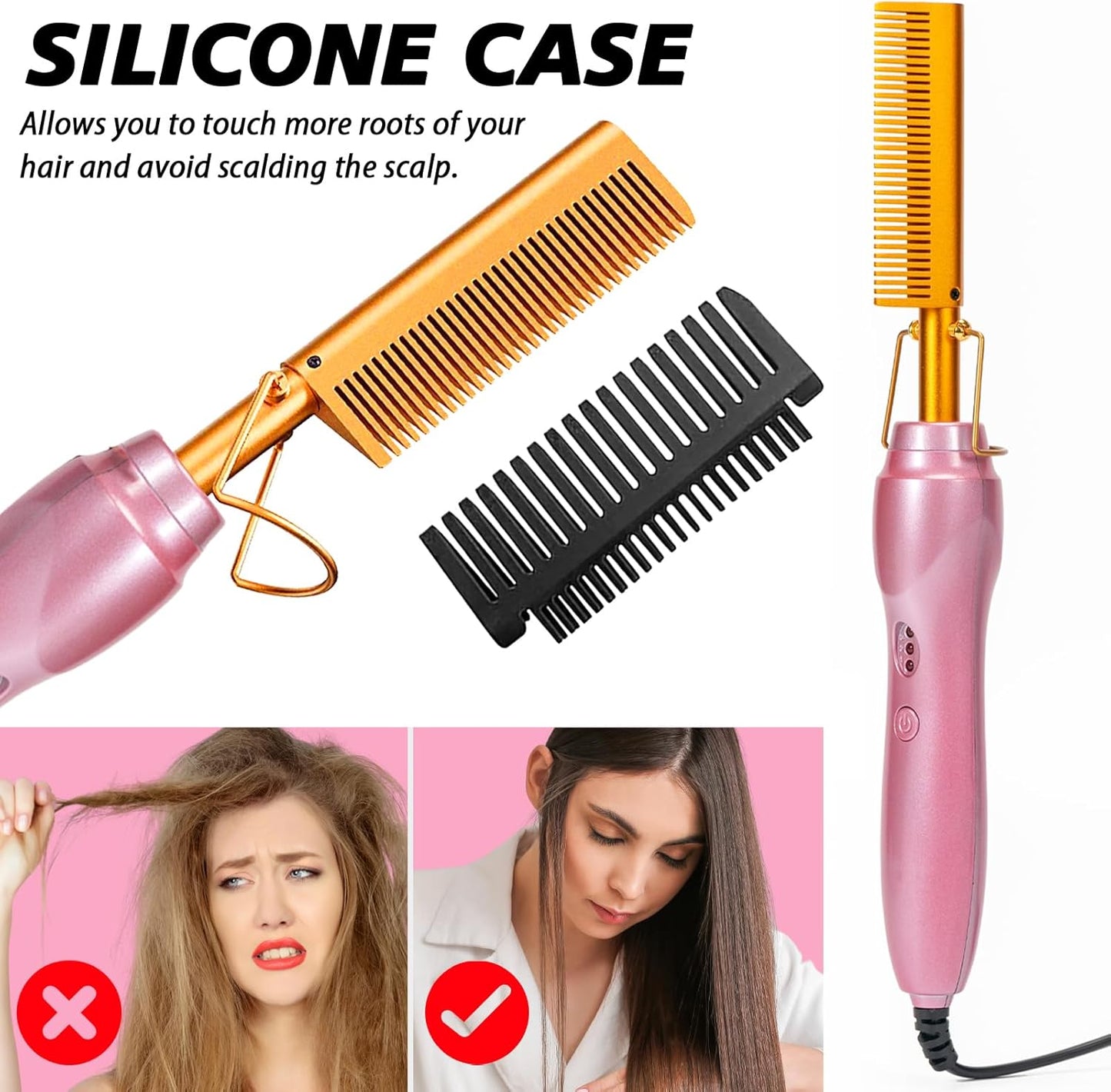 Electric Hot Comb Hair Straightener Heat Pressing Combs Ceramic Curling Flat Iron Curler, Hot Comb Electric for Wigs Electrical Straightening Comb Curling Iron for Natural Hair with Anti-Scald Case