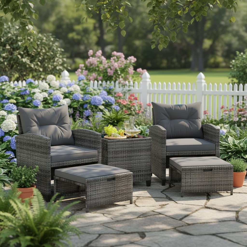 Tangkula 5 Pieces Patio Conversation Set, PE Wicker Rattan Outdoor Furniture Set with 2 Chairs, 2 Ottomans & Tempered Glass Coffee Table, Ideal for Poolside, Backyard, Lawn, Deck, Grey