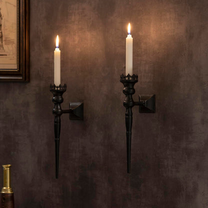 Woparty Gothic Wall Sconce Candle Holder for Taper Candles (Set of 2) Black Iron Crown and Scepter Design Victorian Wall Decor for Living Room, Bathroom,Dining Room