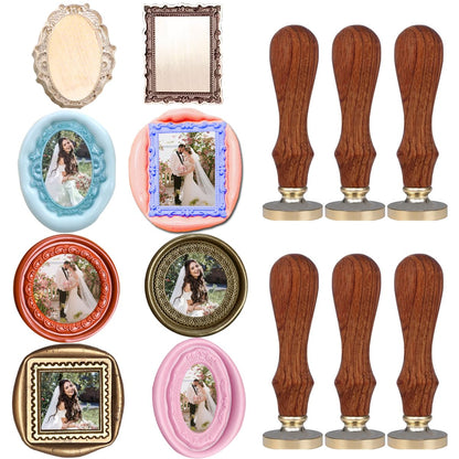 VSECUON 6pcs 3D Embossed Frame Wax Seal Stamp,Removable Brass Heads with 6 Wooden Handle,3D Relief Photo Frame Sealing Wax Stamp for Wedding Invitations Scrapbooking Letters Gift Christmas
