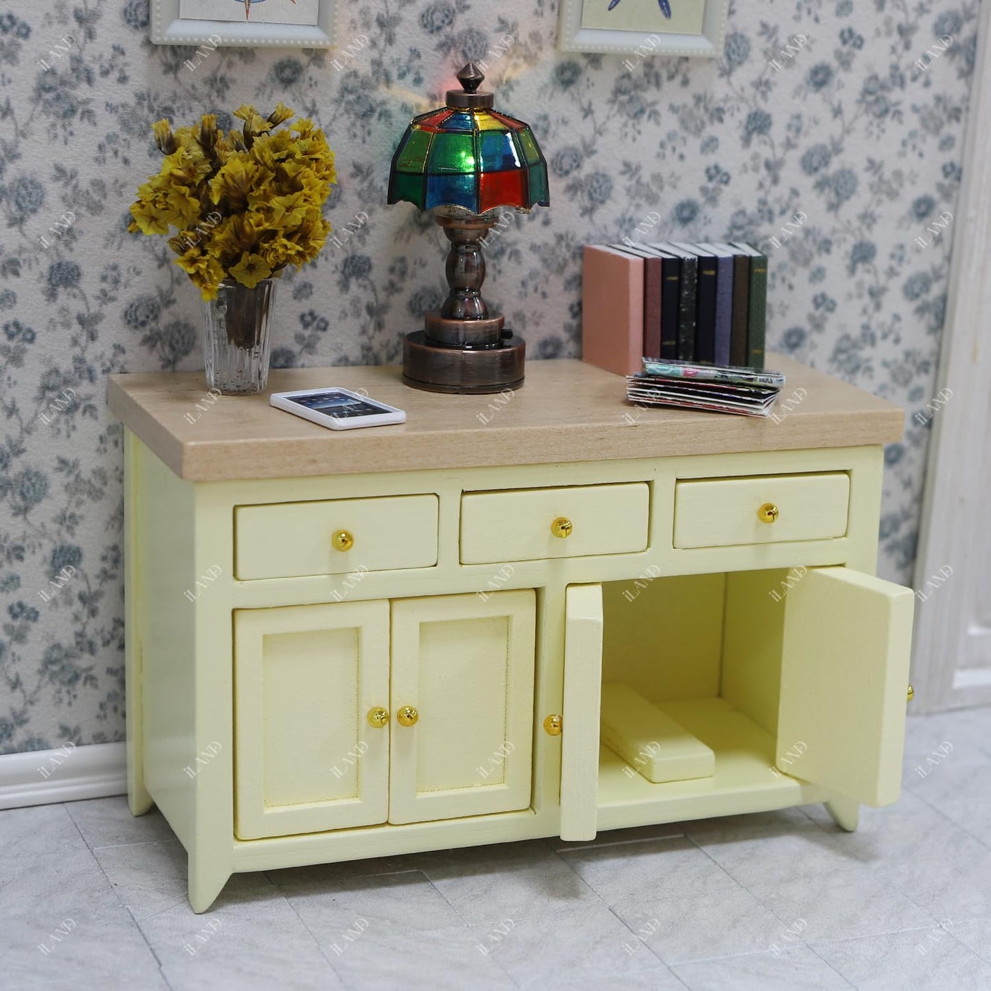 iLAND Dollhouse Furniture Miniature Cabinet for 1:12 Scale Accessories Wooden Dollhouse Kitchen Furniture Mini House Modern Décor Storage Cabinet with Drawers Classic Cupboard for Living Room Bedroom