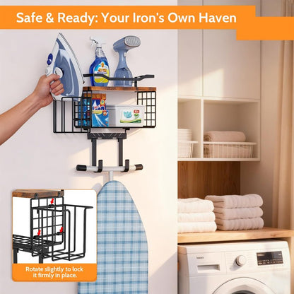 Ironing Board Hanger Wall Mount, 2-Layer T&Y Iron Board Holder with Ironing Caddy, Metal Ironing Board Holder Storage Organizer, Floating Wood Shelf for Laundry Room Decor Accessories Organization