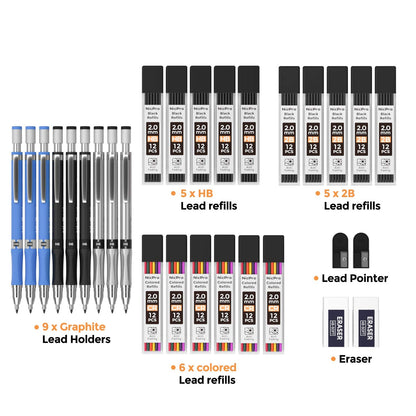 Nicpro 29 Pieces 2mm Mechanical Pencil Set, 9 PCS Drafting Carpenter Pencils 2.0 mm for Art Drawing Sketching construction with 192 Lead Refills Pre-Sharpen HB & 2B & Colors, 2 Erasers, 2 Sharpener
