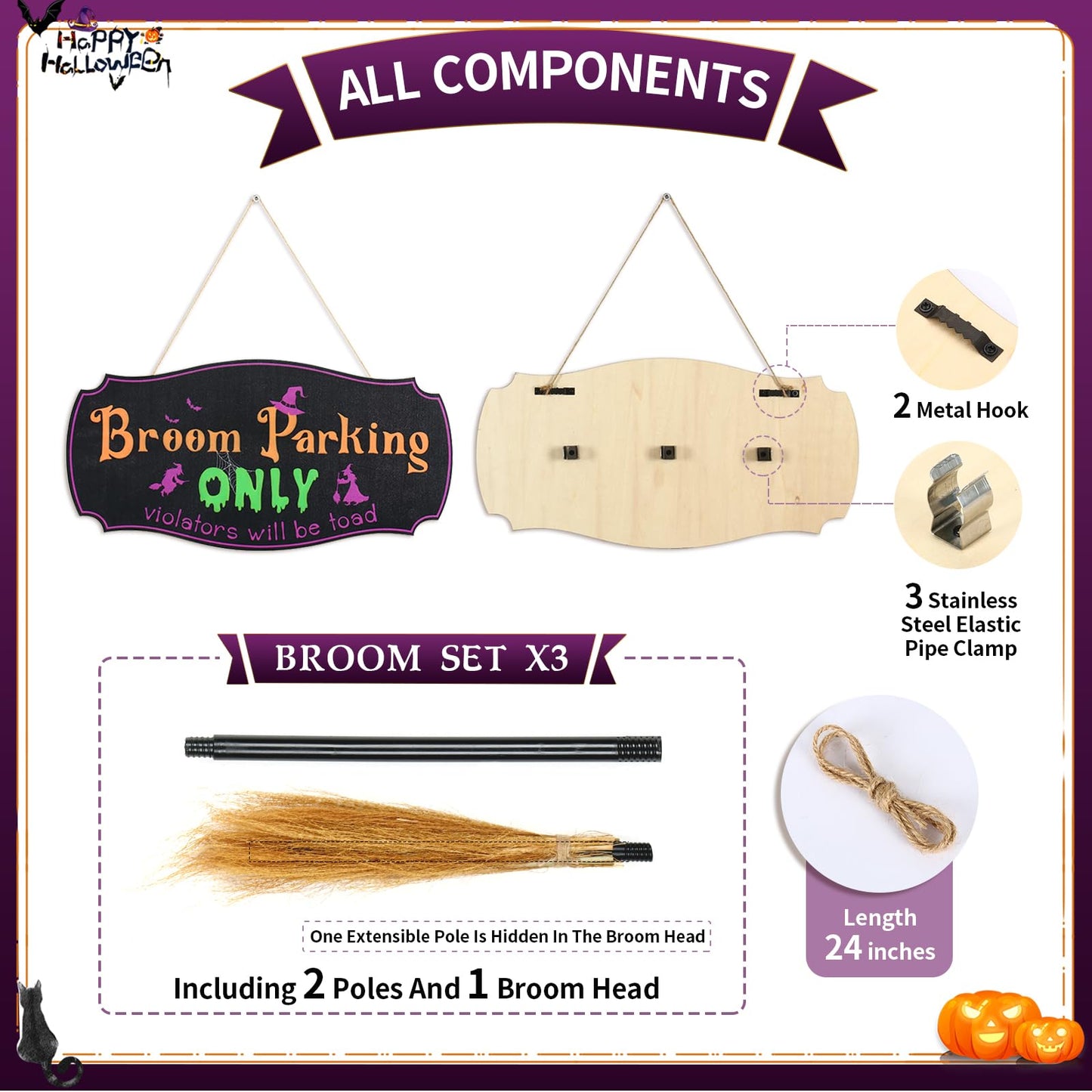 Bnesi Halloween Creative Wall Decorations, Broom Parking Sign with 3 Removable and Placeable Witches Brooms, Outdoor Front Porch or Indoor Living Room Wall Halloween Decoration (Halloween)