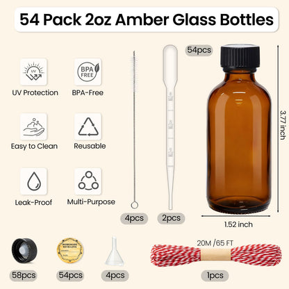 TBWIND 54 Pack 2oz Amber Glass Boston Round Bottles with Airtight Polycone Caps, Travel Size Glass Bottles for Essential Oils, Perfume, Vanilla Extract, Tinctures & DIY Samples