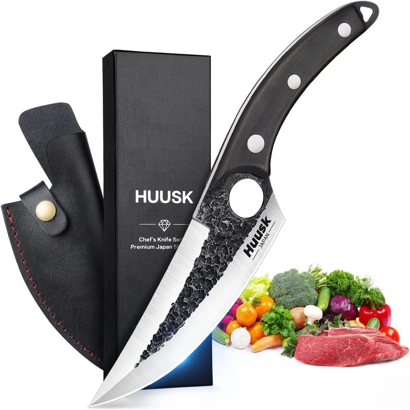 Huusk Viking Knife with Sheath Boning Knives for Meat Cutting, Caveman Ultimo Knives Hand Forged Full Tang Knives for Kitchen or Camping Christmas Gift for Men and Women