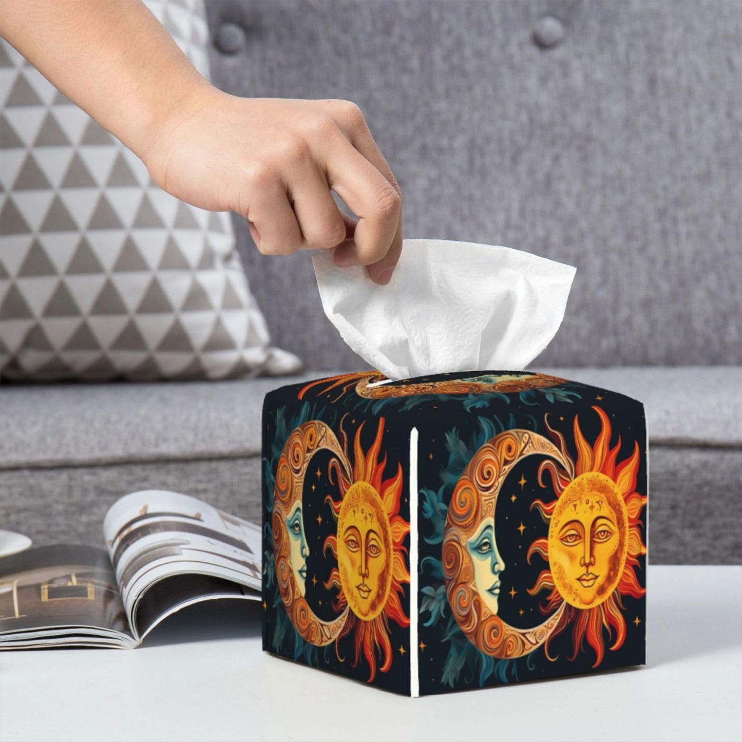 Square Tissue Boxes 5.2"x5.2"x5.2", Sun Moon Stars Tissue Holder Decor for Home/Car/Office