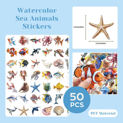 200 Pcs Clear PET Stickers - Watercolor Butterfly, Dragonfly, Hummingbirds & Sea Animals - 50 Unique Designs Per Theme - Aesthetic Stickers for Journals, Scrapbooks, Laptops & DIY Crafts
