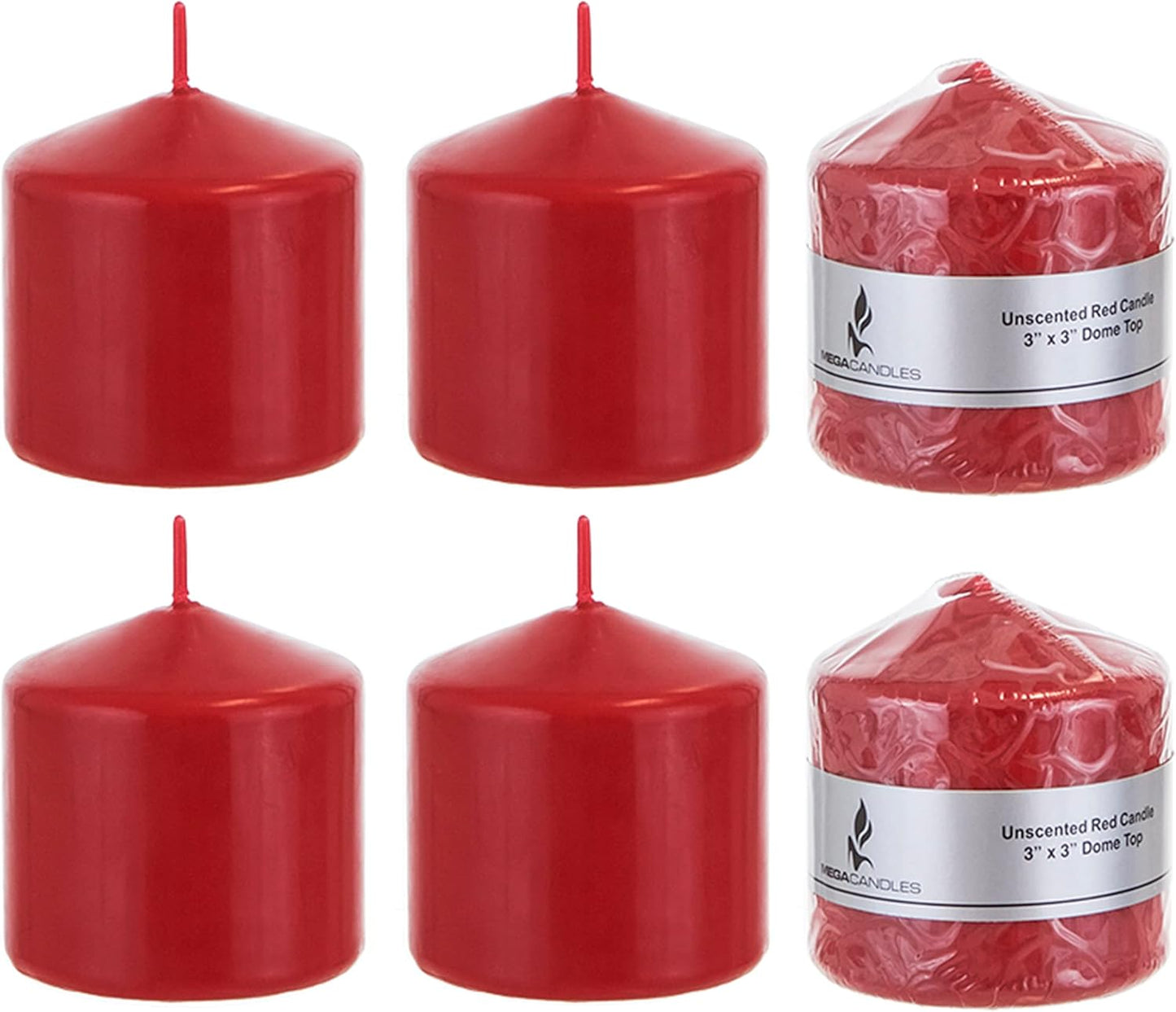 Mega Candles 6 pcs Unscented Red Dome Top Pillar Candles, 3 Inch x 3 Inch, Premium Wax for Home Décor