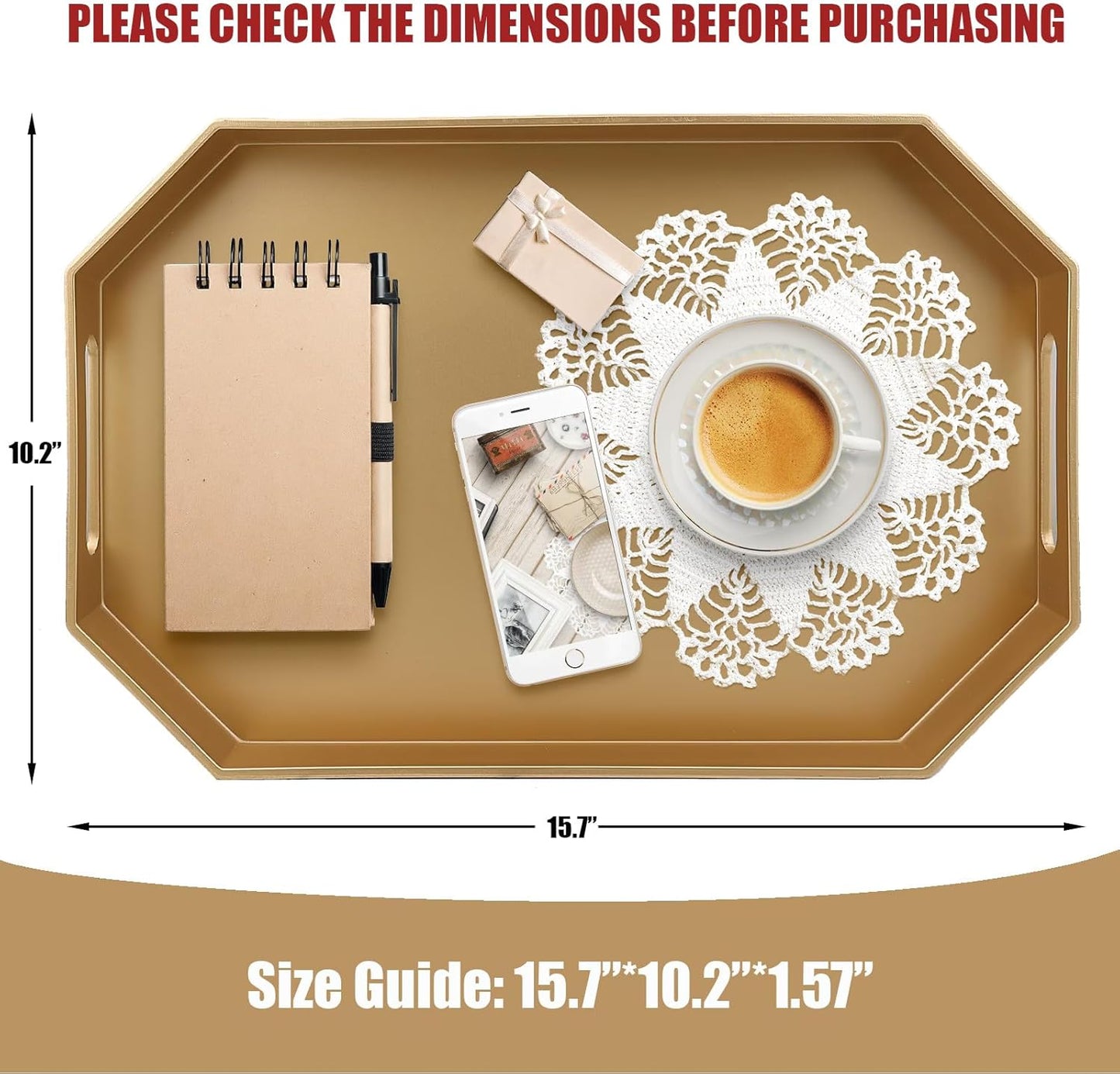15.7"*10.2"*1.57" Gold Decorative Tray with Handles, Versatile Serving Tray for Coffee Table, Ottoman, Ideal