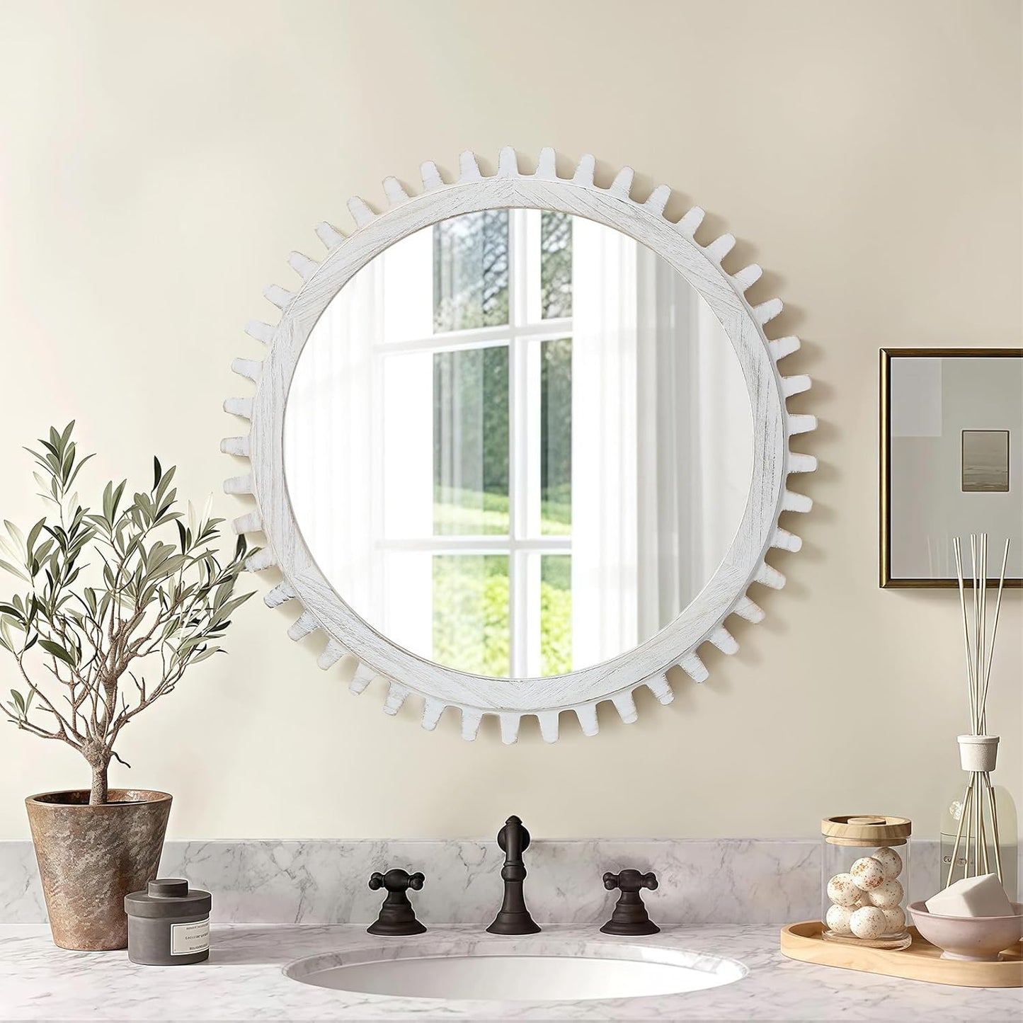 30 Inch ULIKE Round Wood Mirror, Rustic Farmhouse Circle Mirror with Wooden Frame, Modern Wall Decor for Bathroom