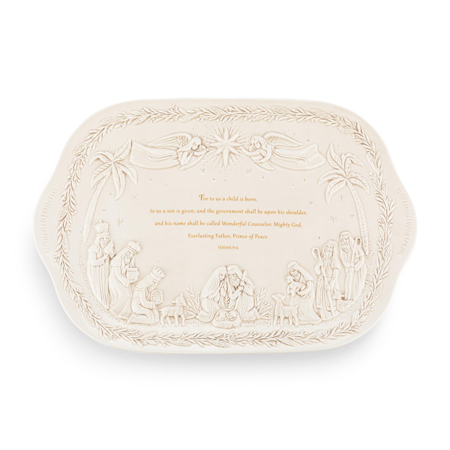 DEMDACO Christmas Journey Nativity Scene White 18 x 12 Inch Earthenware Faith, Religious, Large Rectangular, Decorative Holiday Tabletop Décor, Serving Dish Plate Platter, A Child is Born