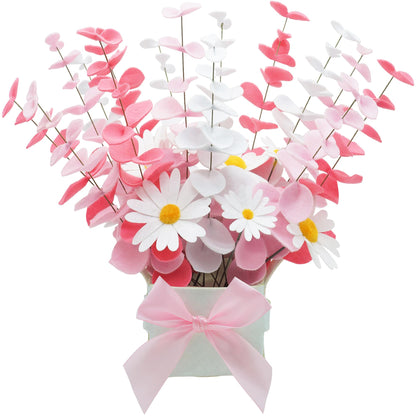 BAZIMA Felt Eucalyptus Daisy Bouquet,Felt Flowers,Multi-Color Felt Leaves,DIY Bouquet,Artificial Flower Bouquet with Flower Pot,Floral Gifts,15 Eucalyptus and 8 Daisies kit (Red Pink White)