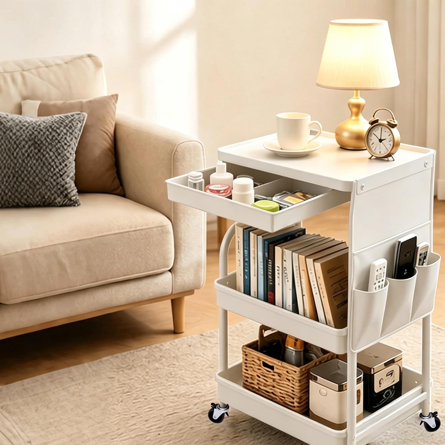 3 Tier Rolling Cart with Wheels and Drawers,Utility Storage Organizer Cart with Fabric Bag & Silent Casters for Nail Art, Makeup, Book, Nursery, Dorm Room Essentials and Kitchen, White