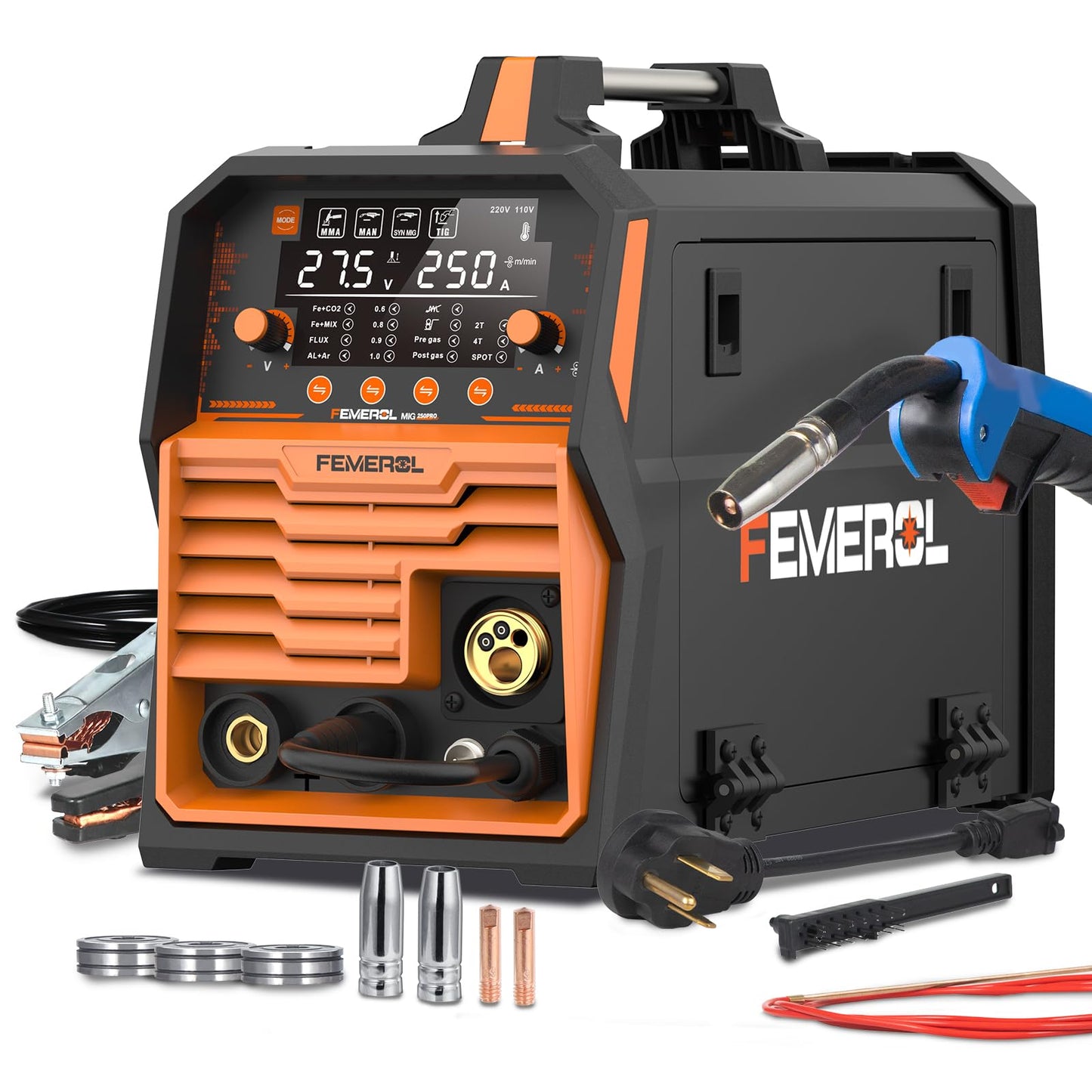 FEMEROL 250A MIG Welder,6 in 1 Gas MIG/Gasless Flux Core/Stick/Lift TIG/Spot Welding/Spool Gun Compatible Aluminum Welding Machine Large LED Display 110V/220V Multi Process Welder