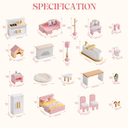ROBUD Wooden Dollhouse Furniture Set, 28 Pcs Doll House Accessories, Miniature Furniture Including 6 Room Kits, Pretend Play Toys, Gift for Boys and Girls,3+