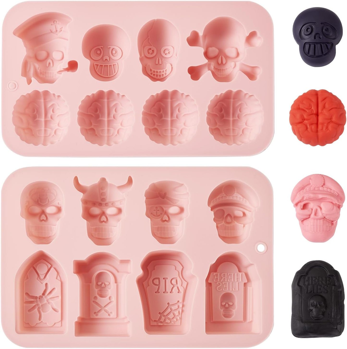 2Pcs Halloween Silicone Mold Skull Tomb Brain Fondant Molds for Gummy Jello Candy Chocolate Baking Decoration