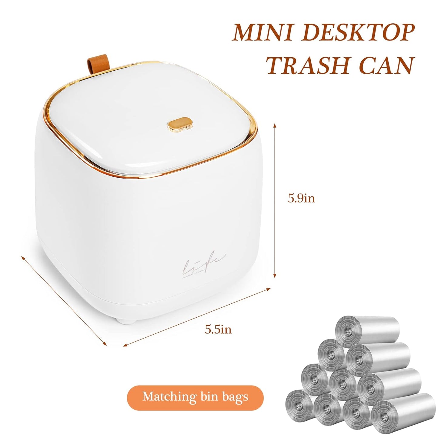 Mini Countertop Trash Can with Press Type Lid, 12 Rolls of Trash Bags, Tiny Desktop Trash Can for Bathroom, Home Office