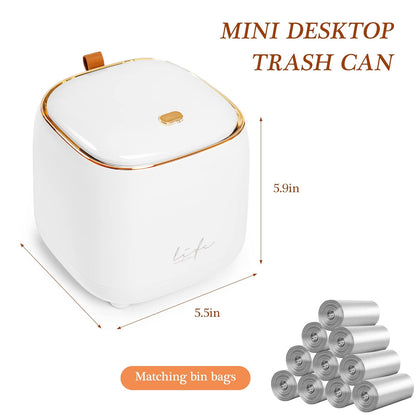 Mini Countertop Trash Can with Press Type Lid, 12 Rolls of Trash Bags, Tiny Desktop Trash Can for Bathroom, Home Office