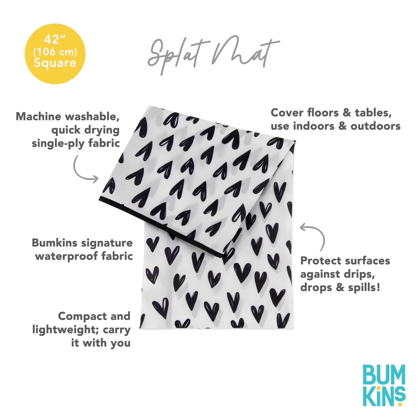 Bumkins Baby Splat Mat for Under High Chair, Babies Toddlers Eating Mess Mat, Waterproof Reusable Cloth for Arts and Crafts, Playtime Mat for Kids, Floors or Tables, Fabric 42inx42in, Black Hearts