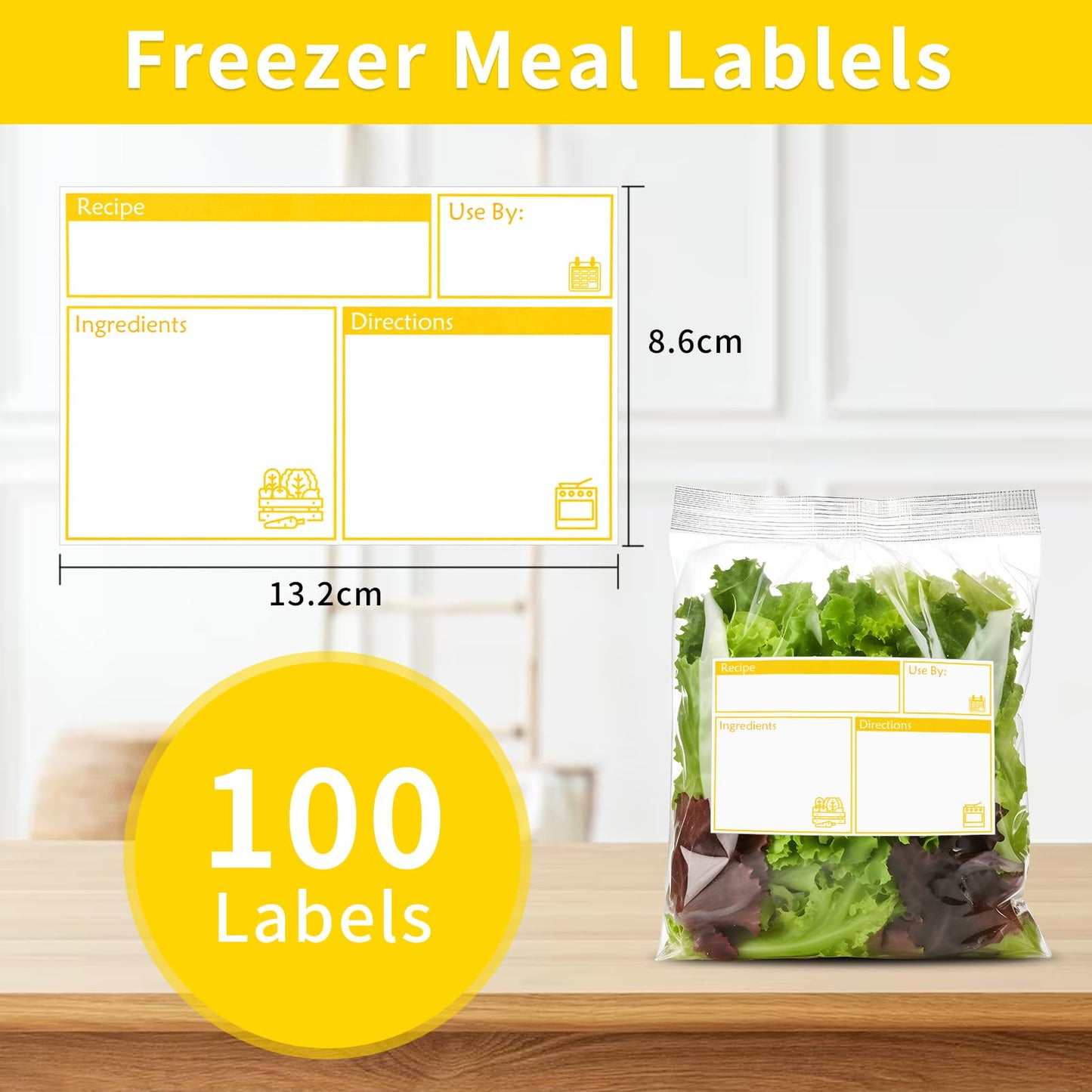 100pcs Labels for Freezer Bags Freezer Meal Labels with Instructions 3.2 X 5 inch Oil and Water Resistant Labels Food Labels for Freezer Storage for Leftovers in Fridge Removable Freezer (Yellow)