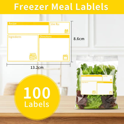 100pcs Labels for Freezer Bags Freezer Meal Labels with Instructions 3.2 X 5 inch Oil and Water Resistant Labels Food Labels for Freezer Storage for Leftovers in Fridge Removable Freezer (Yellow)