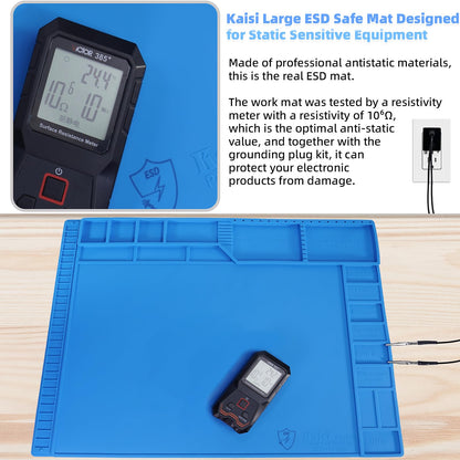 Kaisi Large Anti Static Mat with Grounding Accessories,Heat Resistant Silicone Soldering Mat,Magnetic Work ESD Pad for pc building, Electronics, Laptop, Cellphone Repair Soldering 21.6" x 16.9"