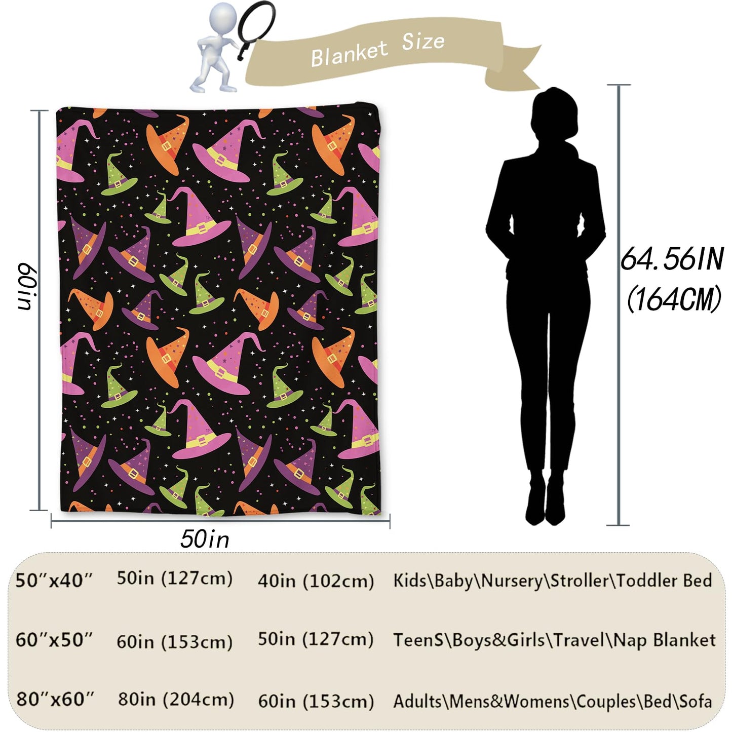 Ti Caldi Witch Hat and Stars Halloween Blanket - Soft Cozy Lightweight Flannel Throw Blanket for Adults Kids, Warm Fuzzy Blankets for Couch, Bed, Travel, Outdoor Use, Home Decor 60×50 in