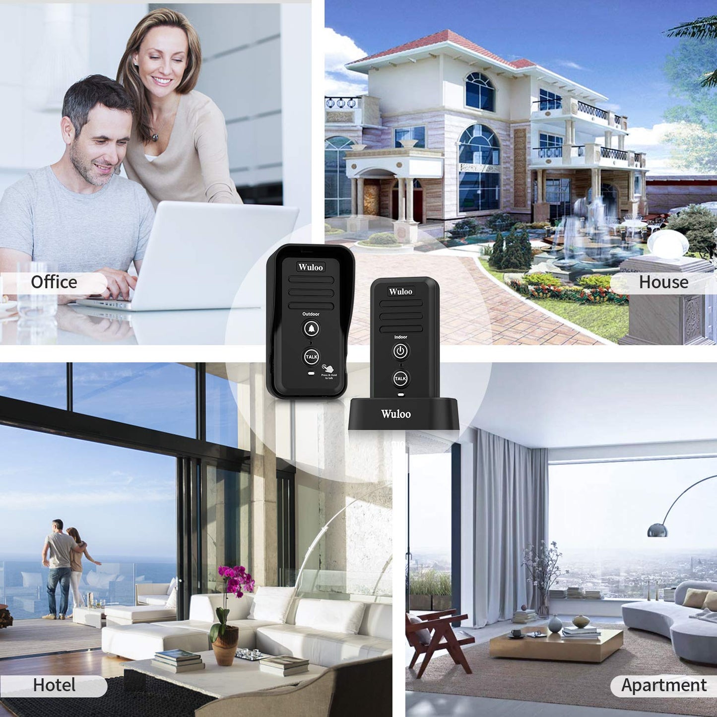 Wuloo Wireless Intercom Doorbell Chime for Home Intercomunicador (1&1-White)