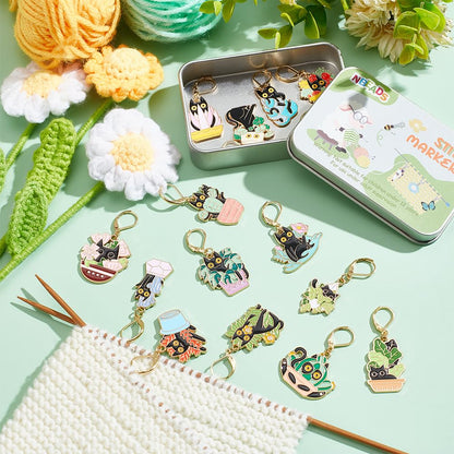 NBEADS 15 Styles Cat with Plants Stitch Markers, Alloy Enamel Crochet Stitch Marker with Leverback Locking for Knitting and Crocheting