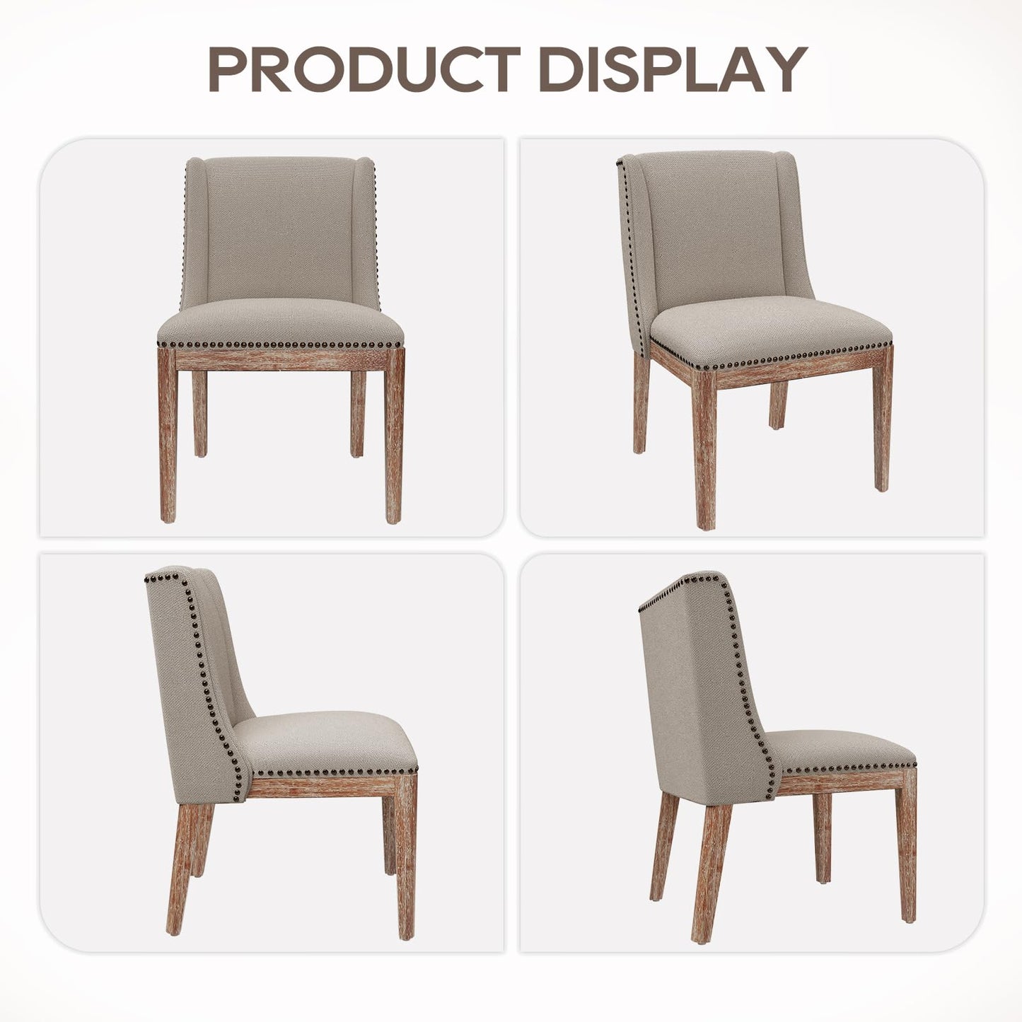 MALOL Upholstered Dining Chairs Set of 6, Premium Fabric Accent Chairs with Nailhead Trim, Curved Backrest & Solid Wood Legs for Dining Room, Kitchen & Living Space, Beige