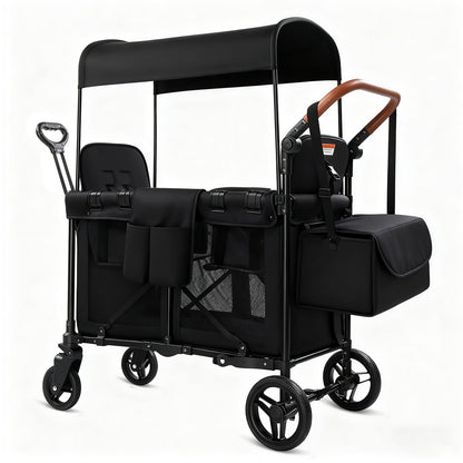 Wagon Stroller for 2 Kids, Foldable All-Terrain Wagon for Kids with Canopy, Adjustable Push and Pull Handles,Convertible High Seat & Organizer, 5 Point Harness (Black)
