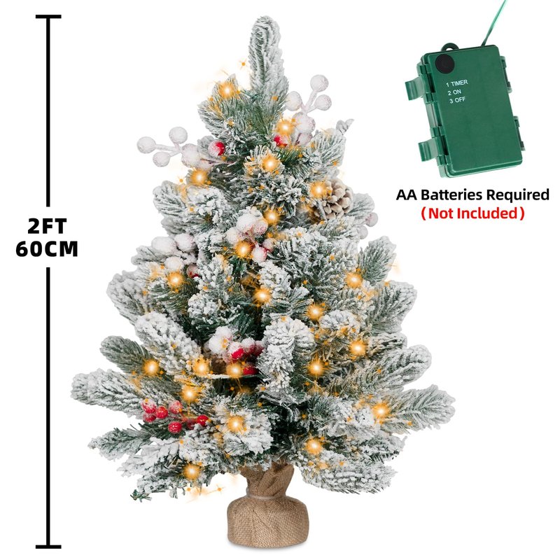 RIDGEPOLE 2FT Pre-lit Mini Christmas Snow Flocked Tree,Tabletop Artificial Christmas Tree with LED Lights, Small Xmas Pine Tree with Cloth Bag Base for Christmas Decor,12 PCS Berry & 8 Pinecones
