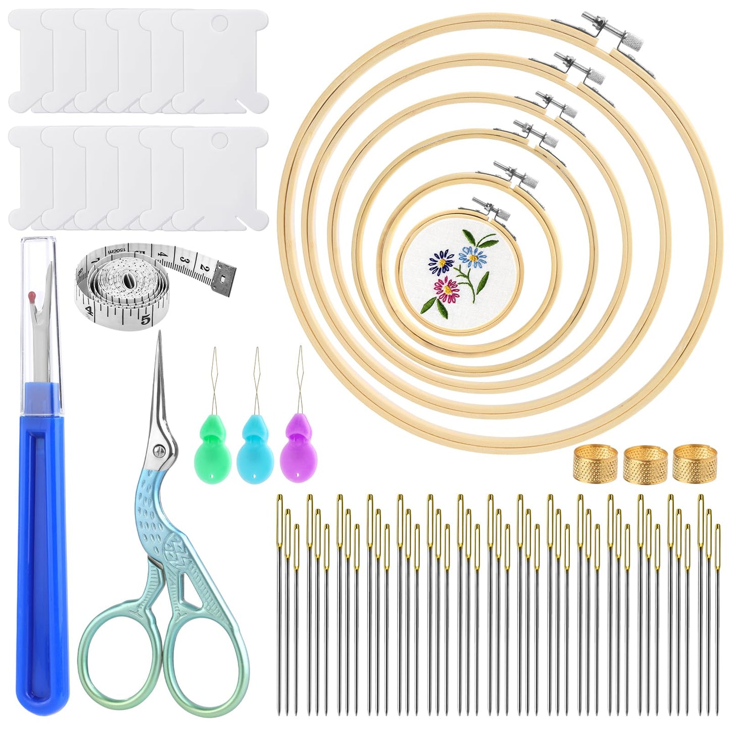 ZXIIXZ 72 Pcs Cross Stitch Supplies, Embroidery Kit for Beginners with Cross Stitch Hoops Needles Embroidery Scissors Floss Bobbins Seam Ripper for Adults, Embroidery Tools DIY Supplies