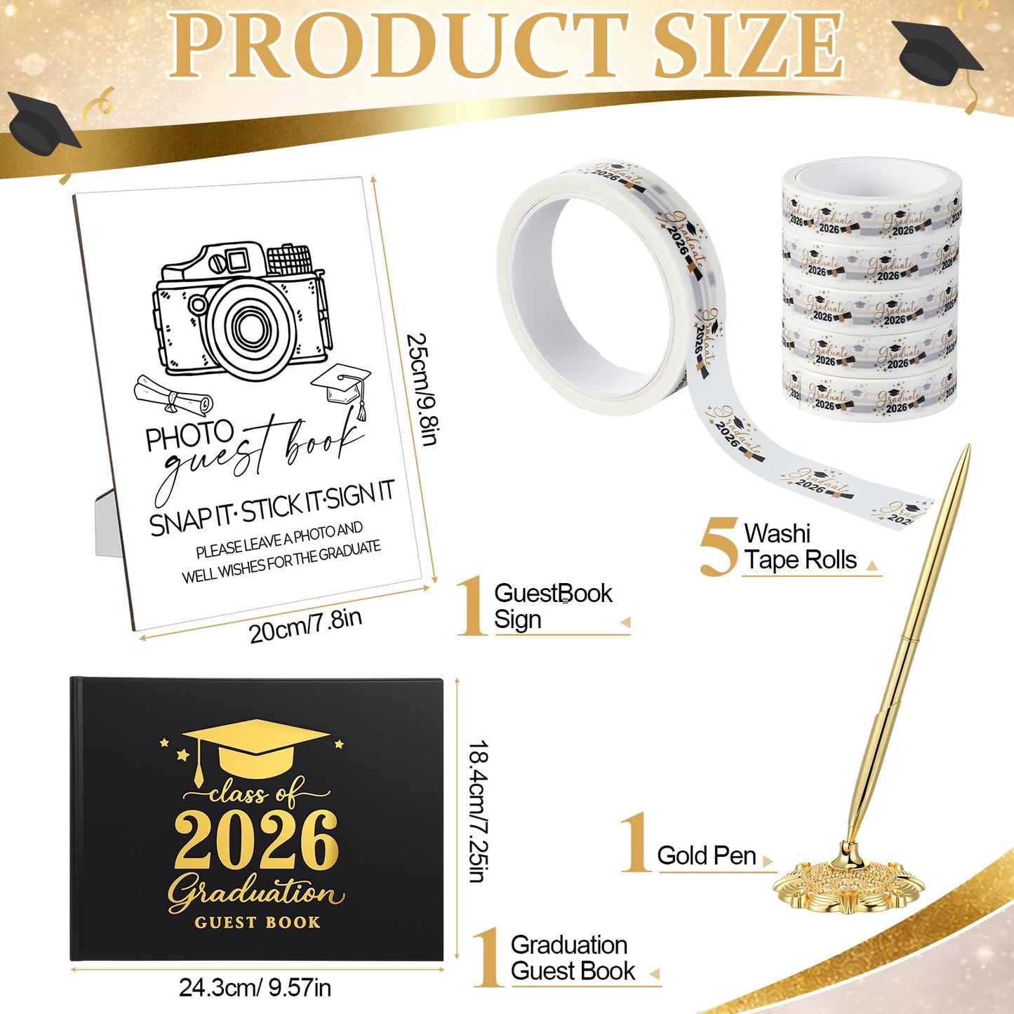 Gersoniel 8 Pcs 2026 Graduation Guest Book Set Photo Sign in Book 100 Pages Class of 2026 Scrapbook Photo Album with Pen Wooden Display Stand Washi Tape DIY for Grad High School College Party Supplies