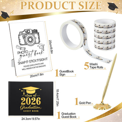 Gersoniel 8 Pcs 2026 Graduation Guest Book Set Photo Sign in Book 100 Pages Class of 2026 Scrapbook Photo Album with Pen Wooden Display Stand Washi Tape DIY for Grad High School College Party Supplies