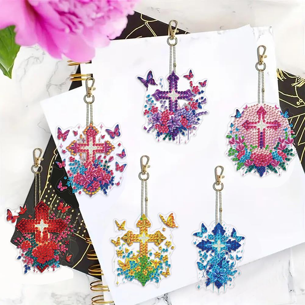 POETRYDRAW 6Pcs Diamond Painting Keychains Double Sided 5D Cross Flower Diamond Art Kit Full Drill DIY Diamond Art Keychain Gem Art Diamond Painting Kits for Adults