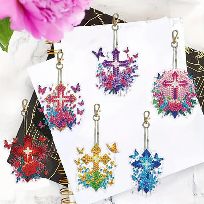 POETRYDRAW 6Pcs Diamond Painting Keychains Double Sided 5D Cross Flower Diamond Art Kit Full Drill DIY Diamond Art Keychain Gem Art Diamond Painting Kits for Adults