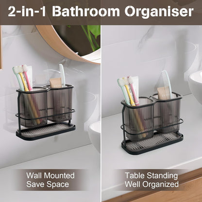 Toothbrush Holders with Drain Tray, 2 Cup Hanging Organizer for Bathroom Counter