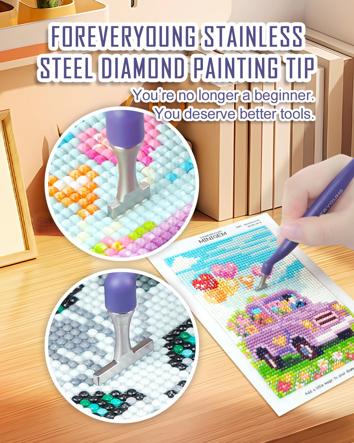 ForeverYoung Stainless Steel Diamond Painting Pen Tip, Unbreakable, Shape-Stable, Slim Profile, Durable Diamond Art Accessories and Tools, Multi-Size Drill Placement, Pen Included, 4-Drill Placement