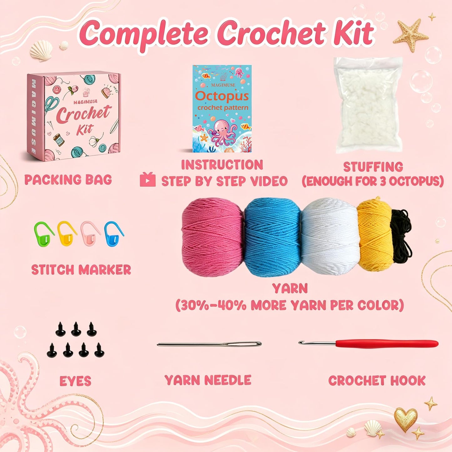 MAGIMUSE Crochet Kit for Beginners, Octopus Family Amigurumi Set with Step-by-Step Video Tutorials – DIY Craft Knitting Supplies, 40% More Yarn