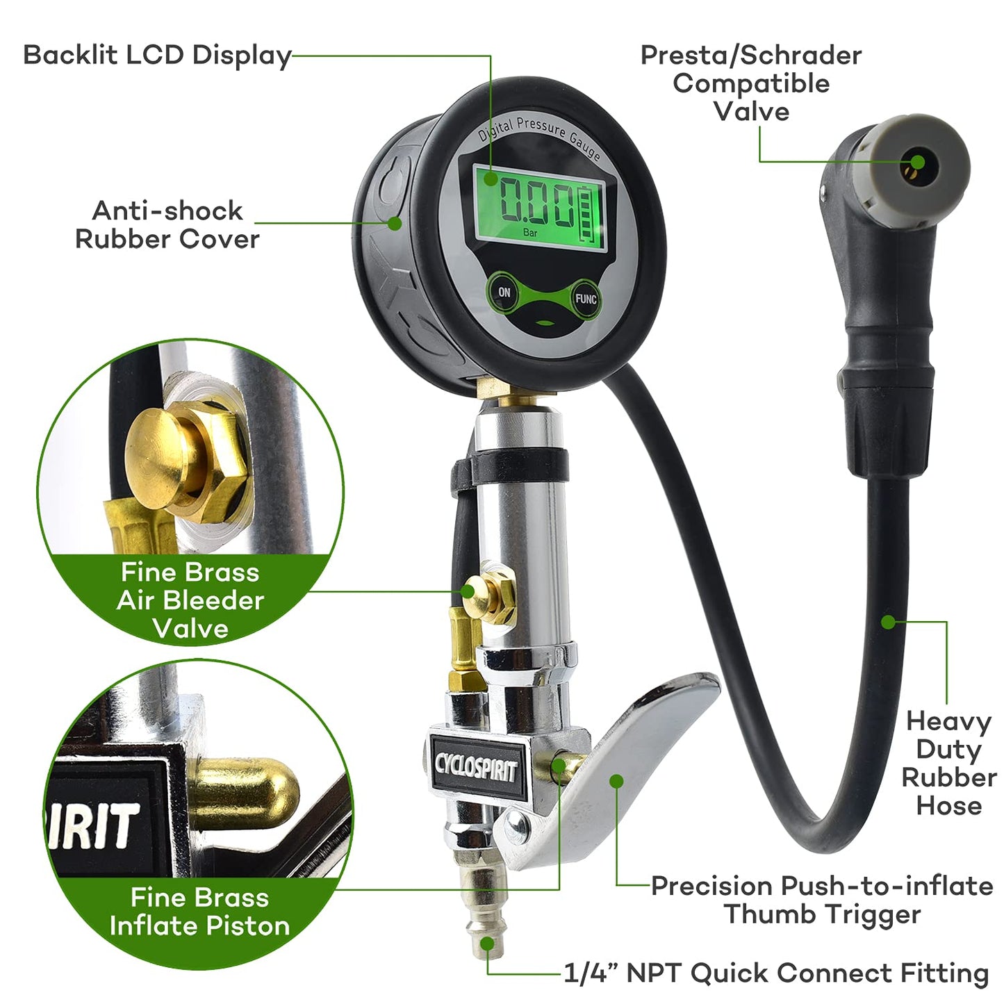 CycloSpirit Digital Bicycle Tire Inflator Gauge with Auto-Select Valve Type - Presta and Schrader Air Compressor Tool